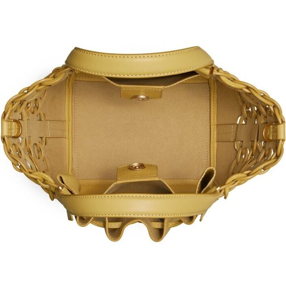 Excellent Tory Burch McGraw Die-Cut Dragonfly Drawstring Satchel tan yellow - Picture 4 of 16